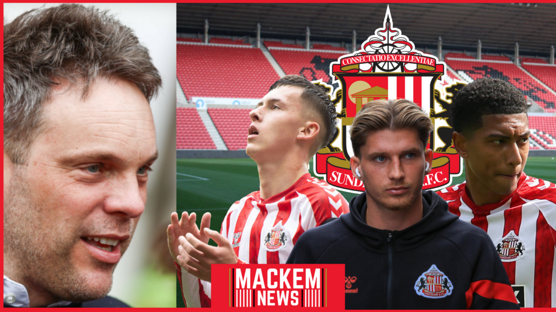 Sunderland badge, Chris Rigg, Dennis Cirkin, Jobe Bellingham, Kristjaan Speakman