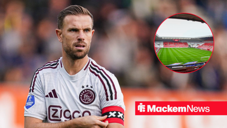 Jordan Henderson pictured at Ajax with an inset of the Sunderland stadium