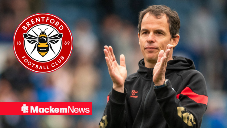 Regis Le Bris clapping with Brentford badge in circular frame