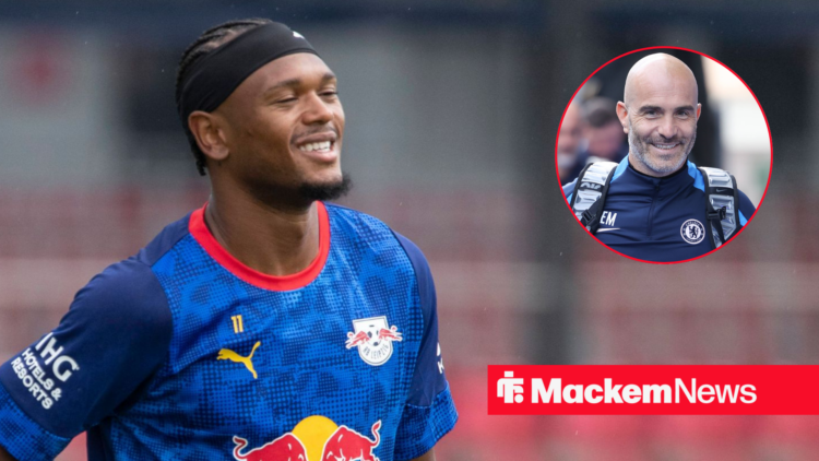 Lois Openda playing for Leipzig with Enzo Maresca in circular frame
