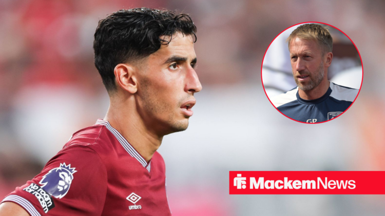 Nayef Aguerd playing for West Ham with Graham Potter in circular frame