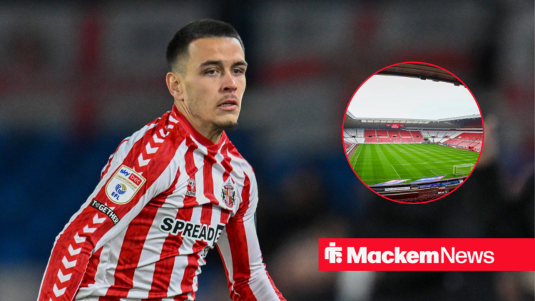 Enzo Le Fee looking at an inset circle of the Stadium of Light.