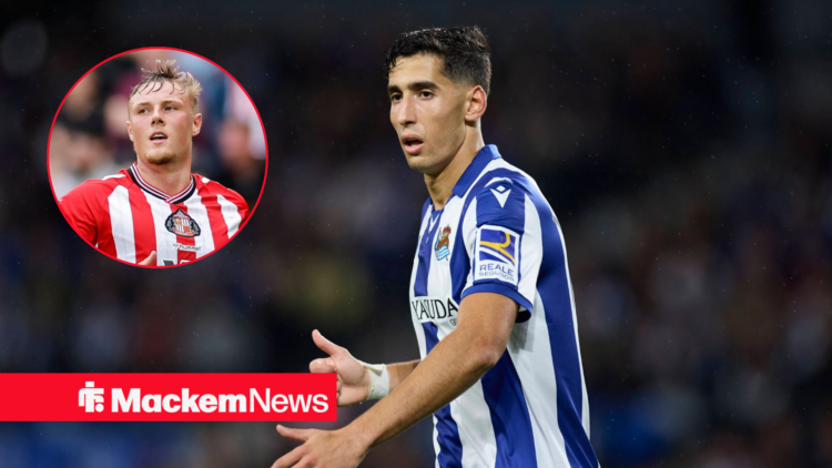Nayef Aguerd at Real Sociedad looking at Dan Ballard in circle