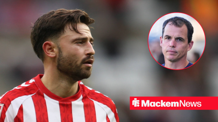 Patrick Roberts looks to his left, with Regis Le Bris in a circular frame