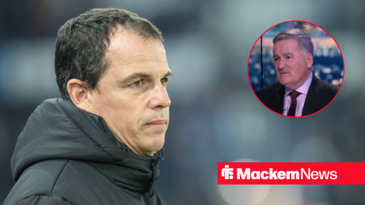 Regis Le Bris looking neutral with Richard Keys in circular frame