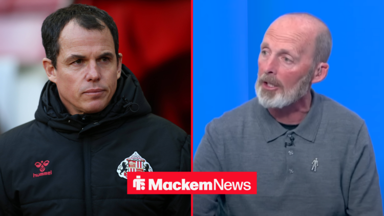 Mike Dean talking with Regis Le Bris looking neutral