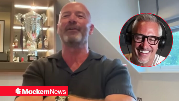 Alan Shearer laughing in podcast room with Gary Lineker in circular inset