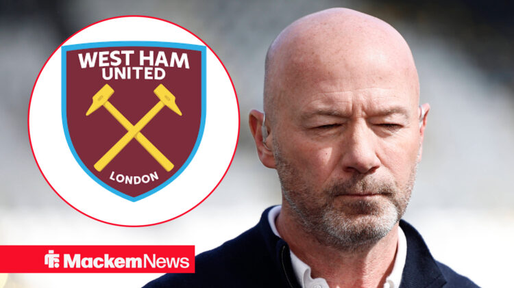 Alan Shearer talking into a microphone with the West Ham badge included in circular inset.
