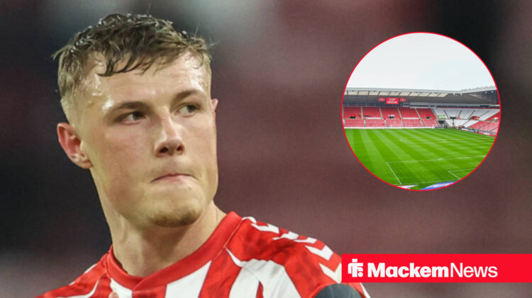Dan Ballard looking serious with Stadium of Light in circular frame