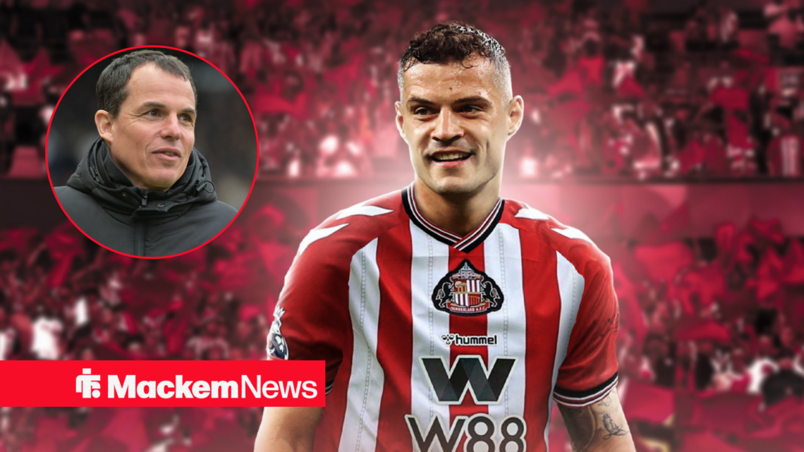 Granit Xhaka Sunderland home kit graphic with Regis Le Bris in circular inset