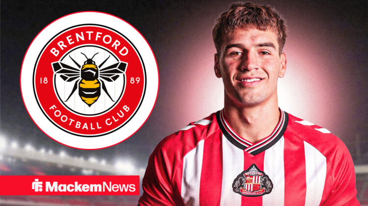 Marc Guiu in Sunderland shirt, with Brentford badge in circular frame