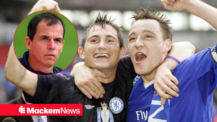 John Terry and Frank Lampard celebrate with Regis Le Bris looking on.