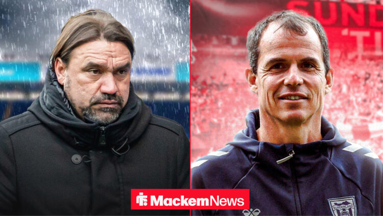 Regis Le Bris looking happy and Daniel Farke looking sad