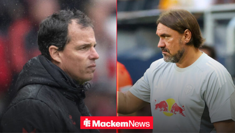 Sunderland manage Regis Le Bris and Leeds manager Daniel Farke with thumbs up in split feature image