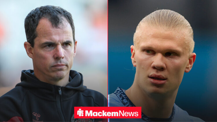 Sunderland manager Regis Le Bris and Erling Haaland both in half and half split image