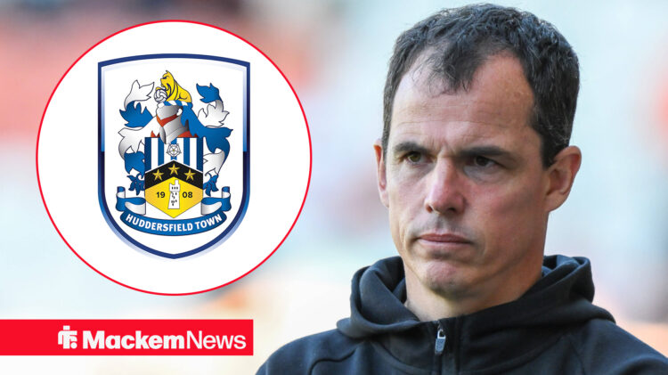 Regis Le Bris looking at a circle inset of the Huddersfield badge