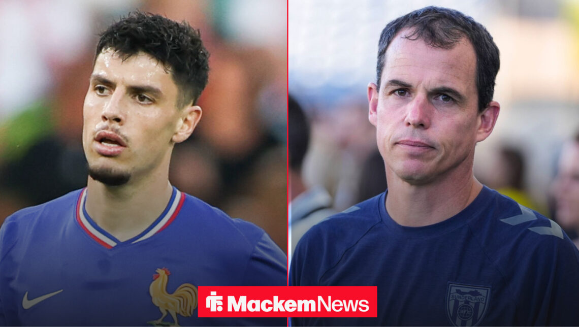 Sunderland manager Regis Le Bris glancs at France U21 striker Matthis Abline.