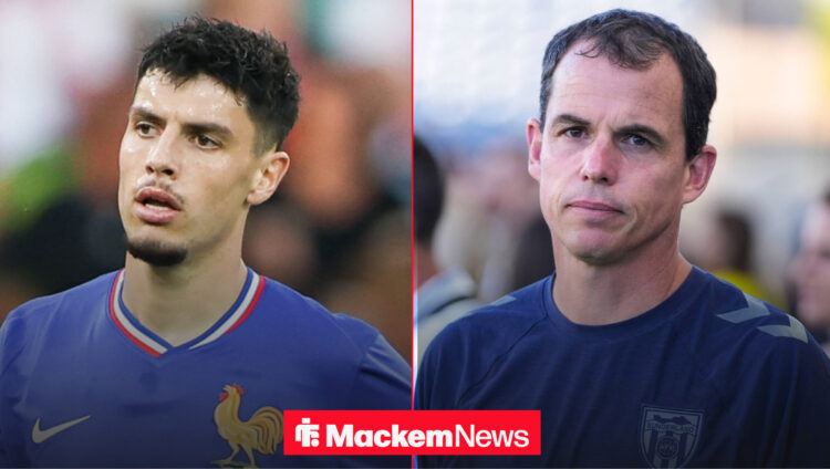 Sunderland manager Regis Le Bris glancs at France U21 striker Matthis Abline.