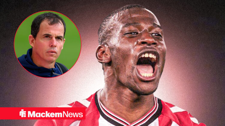 Regis Le Bris in a circular inset looks at Nordi Mukiele who shouts