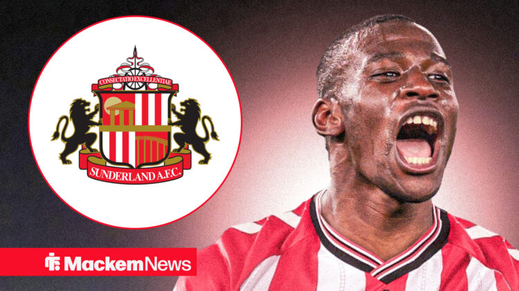 Nordi Mukiele celebrates in Sunderland kit alongside badge in circular insert