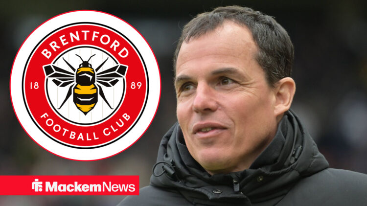 Sunderland manager Regis Le Bris looking at at a circle inset of the Brentford badge.