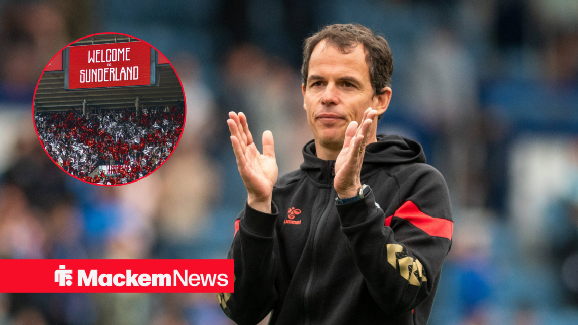 Sunderland manager Regis Le Bris applauds in the direction of Sunderland fans, who wave flags in a circular inset.