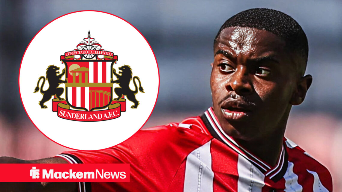 Noah Sadiki looking serious while, with Sunderland badge in frame inset