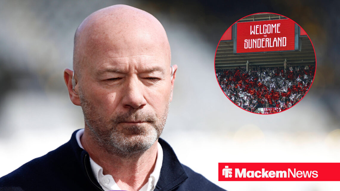 Alan Shearer looking neutral with Stadium of Light in circle inset