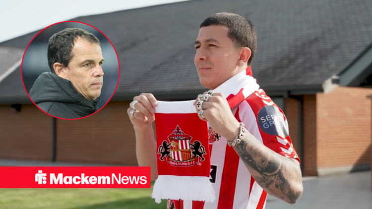 Sunderland attacker Ian Poveda and manager Regis Le Bris in a circular inset.