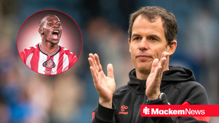 Nordi Mukiele in a Sunderland kit looking at a happy Regis Le Bris