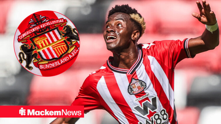 Simon Adingra and Sunderland badge