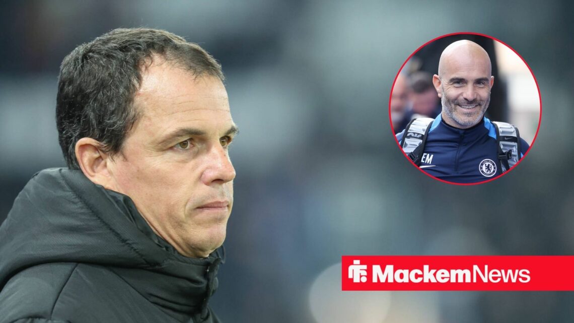 Regis Le Bris watches on, with Enzo Maresca in a circular frame