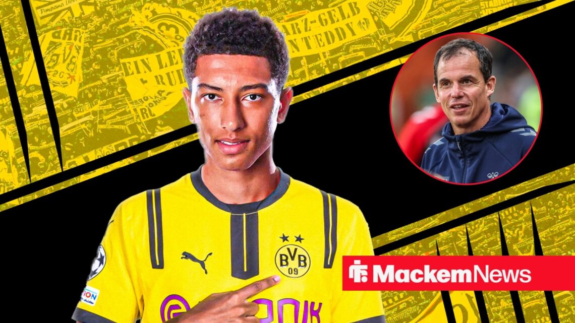 Jobe Bellingham points to the Dortmund badge with Regis Le Bris in a circular inset.