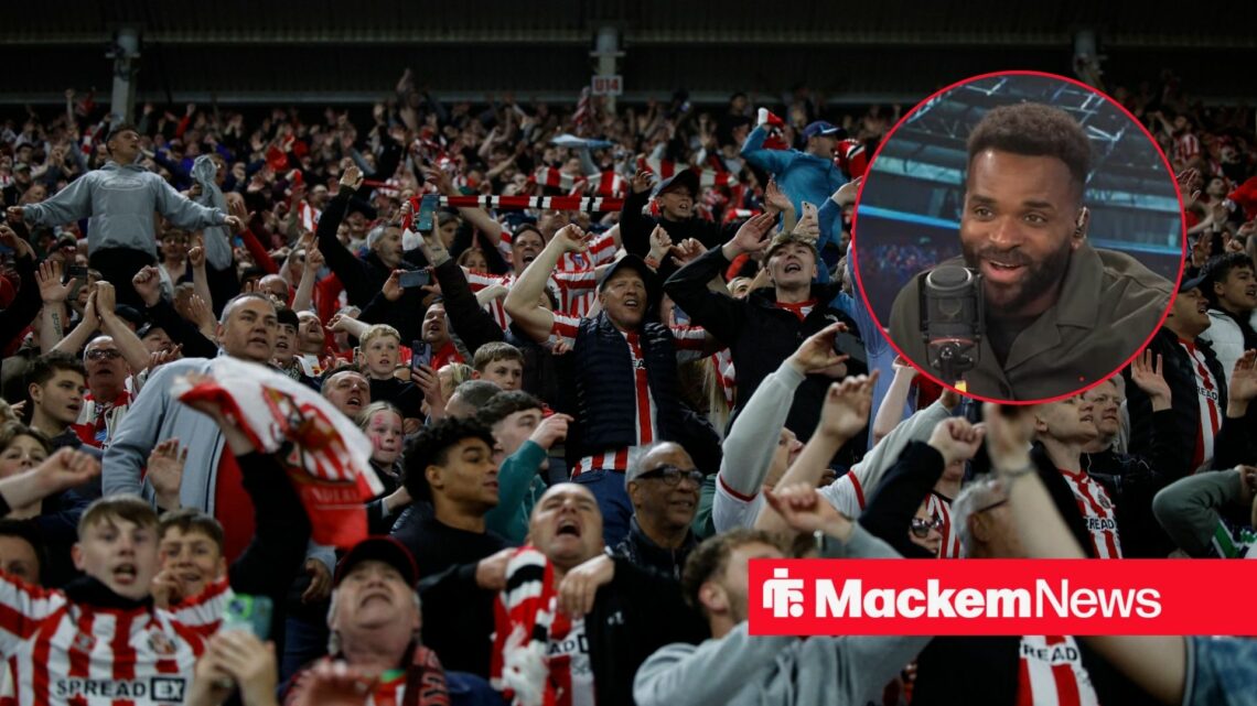 Sunderland supporters celebrate with Darren Bent in a circular inset.
