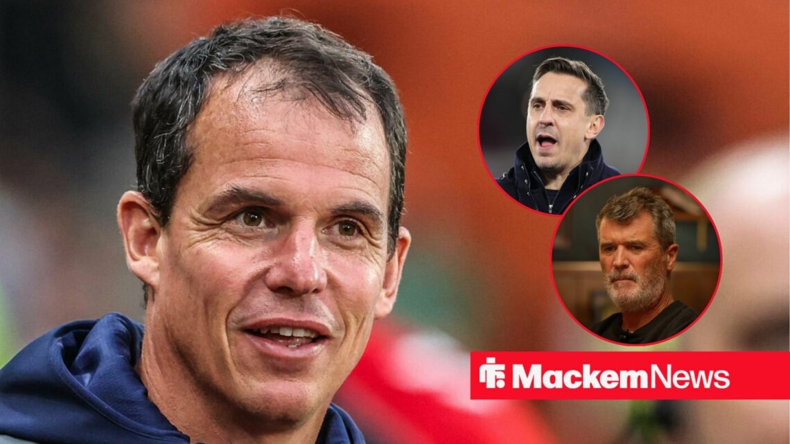 Regis Le Bris smiling alongside circle insets of Roy Keane and Gary Neville.