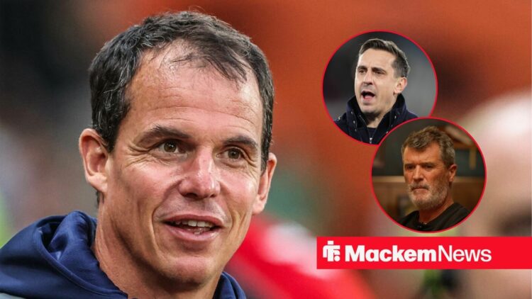 Regis Le Bris smiling alongside circle insets of Roy Keane and Gary Neville.