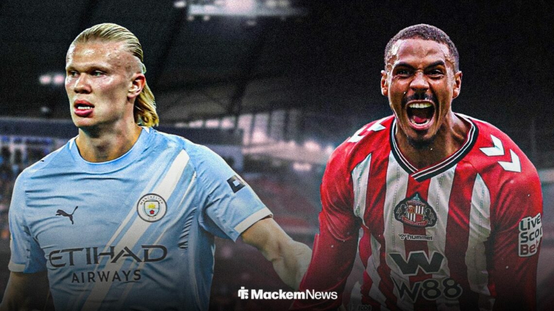 Erling Haaland in Man City kit with Wilson Isidor in Sunderland kit