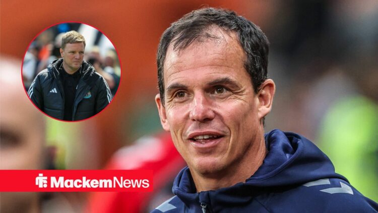 Regis Le Bris looks towards Eddie Howe in a circular inset.
