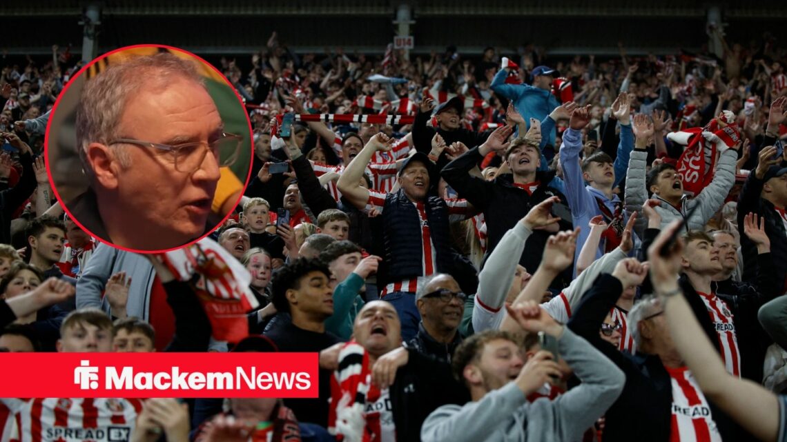 Sunderland fans celebrate with Kieran Maguire in a circular inset