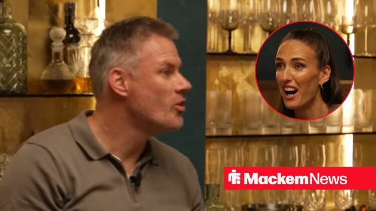 Jamie Carragher looks at an inset of a shocked Jill Scott