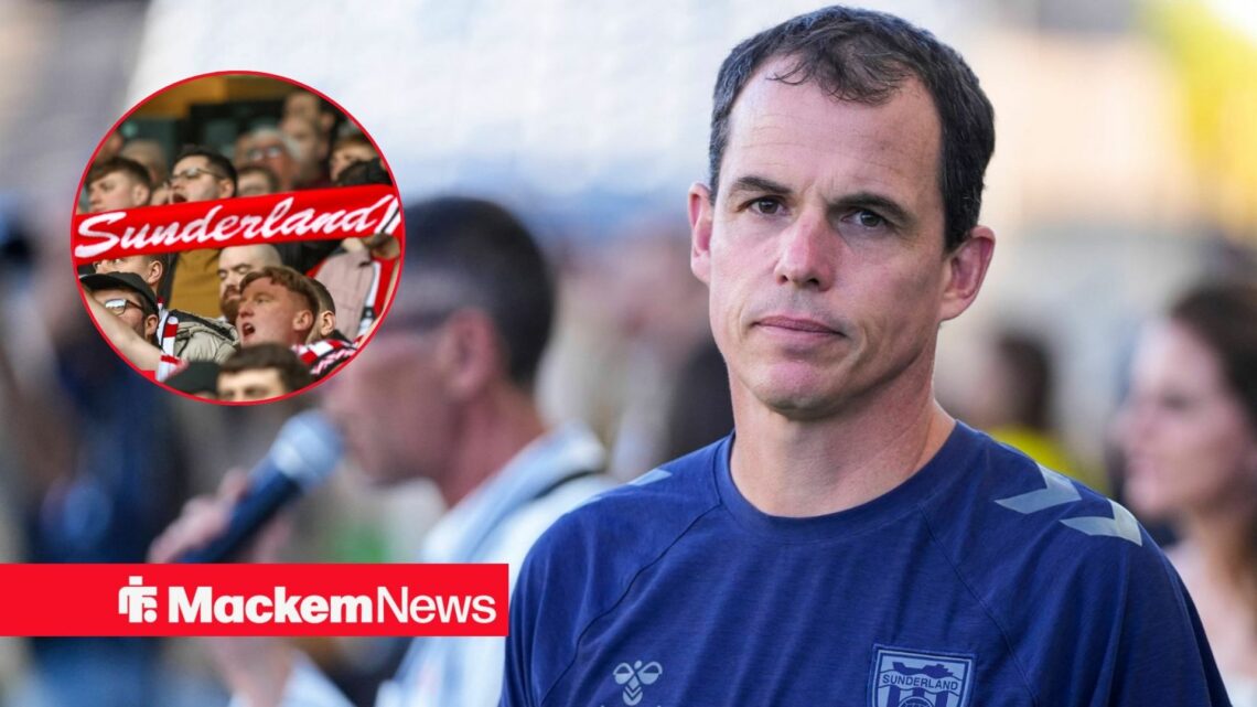 Regis Le Bris looks straight faced with Sunderland fans in a circular inset.