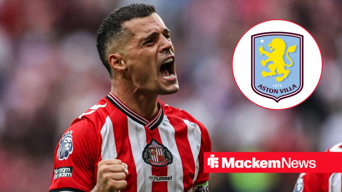 Granit Xhaka yells at the Aston Villa badge, which is in a circular inset.