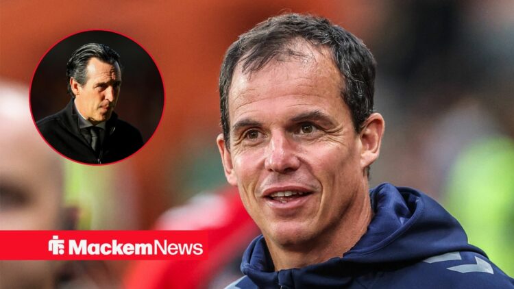 Regis Le Bris smiles at Unai Emery in a circular inset.
