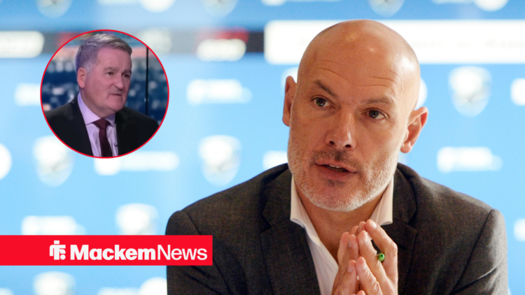 Howard Webb with his hands together and Richard Keys in circular frame