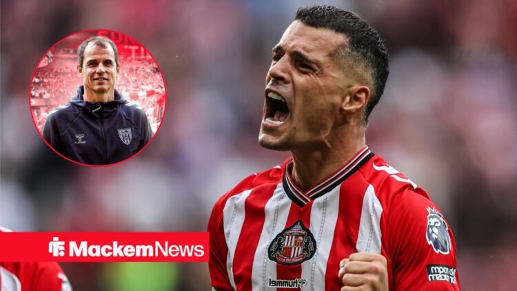 Granit Xhaka roars at Regis Le Bris in a circular inset.