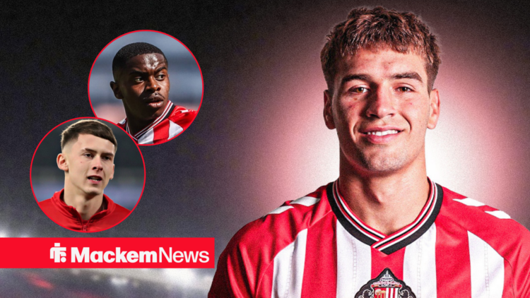 Marc Guiu in Sunderland shirt with Chris Rigg and Noah Sadiki in circular frames