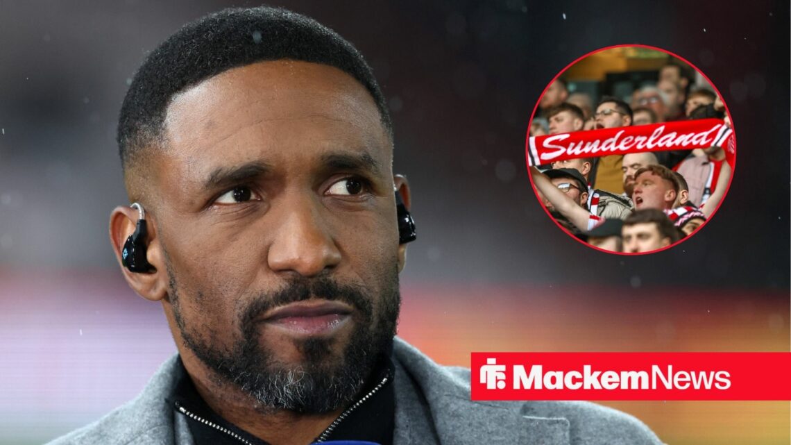 Jermain Defoe looking on with Sunderland fans in frame
