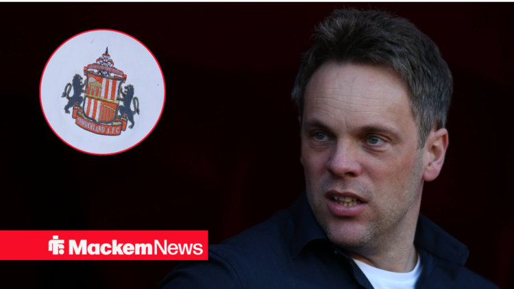 Kristjaan Speakman looking serious with Sunderland badge in circular frame