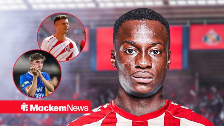 Habib Diarra looks ahead with Granit Xhaka and Dan Neil in a circular inset.