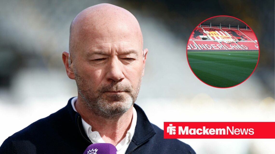 Alan Shearer alongside a circle inset of the Stadium of Light